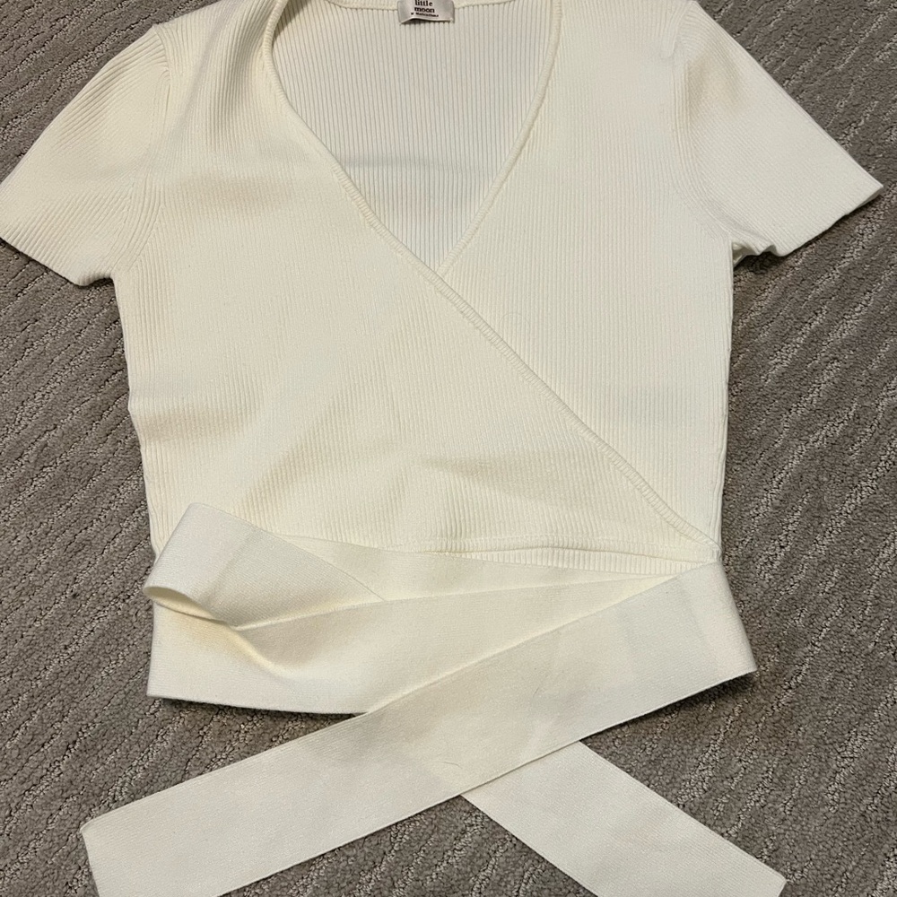 Aritzia - Little Moon Cream Ribbed Wrap Blouse